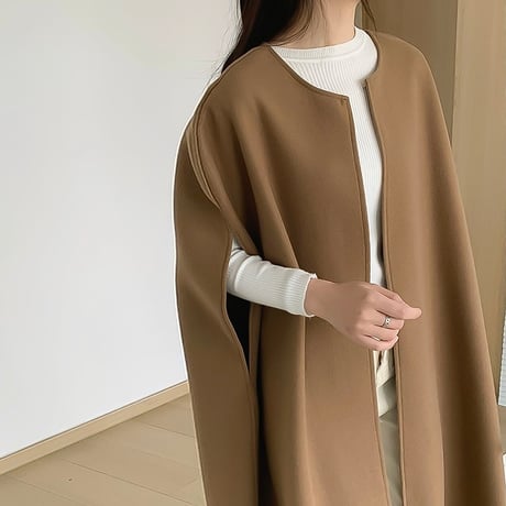 no collar cape slit long coat /3color　NK2124