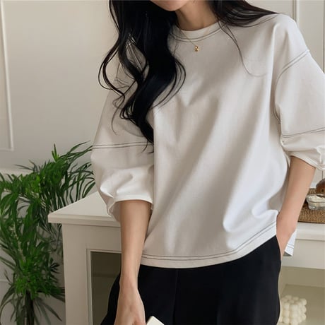 puff sleeve contrast stitch cutsew　NK2172