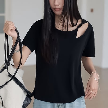 asymmetric neck short sleeve tee /4color　NK2314
