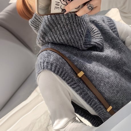 Loose Fit Turtleneck Knit Vest /2color　NK1693