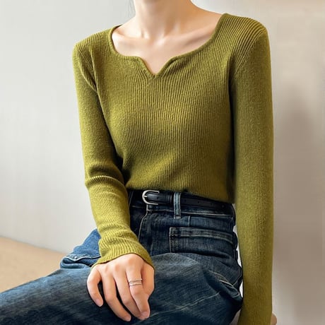 key neck long sleeve rib knit /5color　NK1525