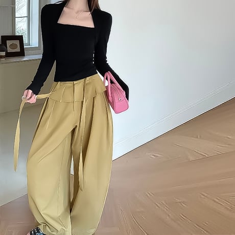 waist frill wide relax pants /4color　NK2188
