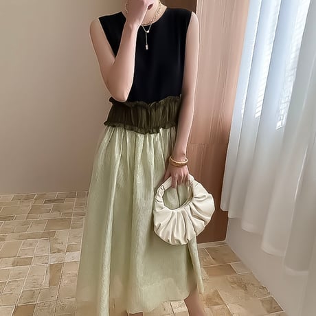 sleeveless colorblock gathering dress /2color　NK2326