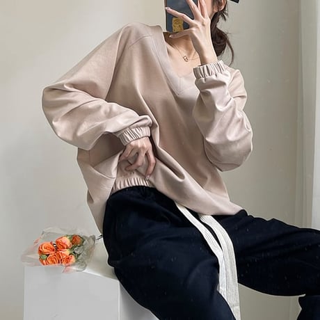v-neck volume sleeve pullover /2color　NK1975