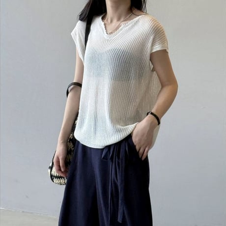 v-neck sheer summer knit /4color　NK1818