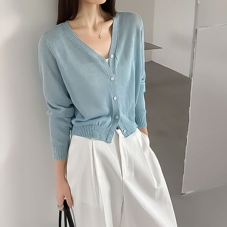 v neck sheer knit cardigan /3color　NK2286