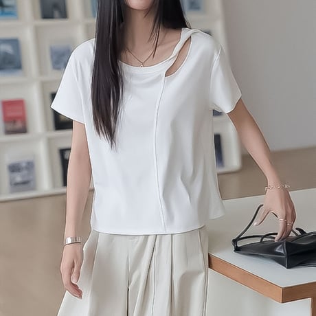 asymmetric neck short sleeve tee /4color　NK2314