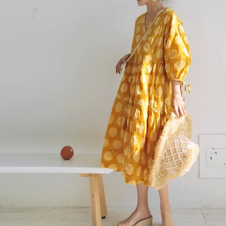 yellow polka dot midi dress　NK1780