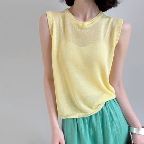 sheer crew neck knit vest /6color　NK1811