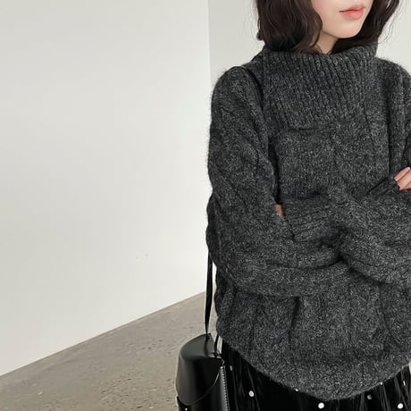 slit collar cable knit pullover /2color　NK2061