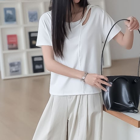 asymmetric neck short sleeve tee /4color　NK2314
