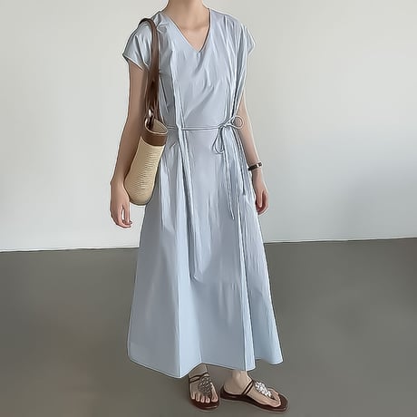 v-neck waist-tie maxi dress /3color　NK2380