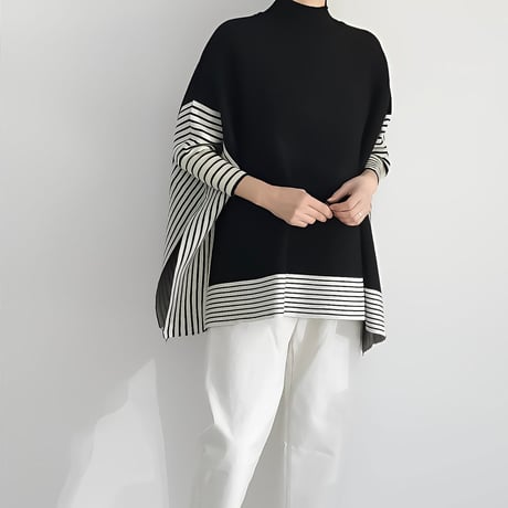 asymmetric border knit poncho　NK2163