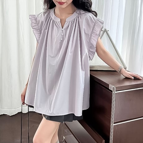 gathered ruffle henley blouse /3coloe　NK2225