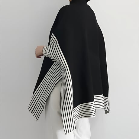 asymmetric border knit poncho　NK2163