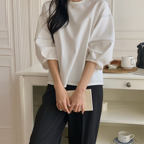puff sleeve contrast stitch cutsew　NK2172
