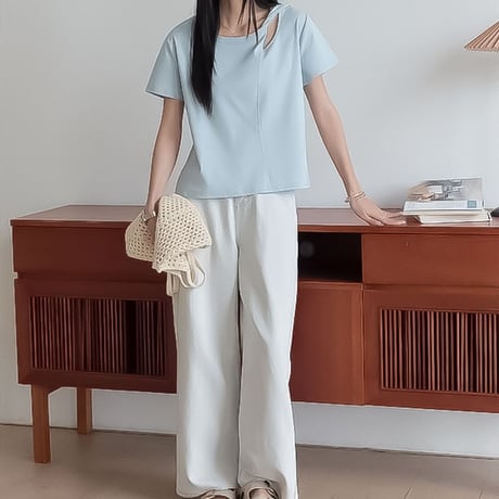 asymmetric neck short sleeve tee /4color　NK2314
