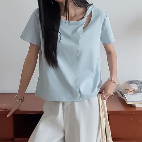 asymmetric neck short sleeve tee /4color　NK2314