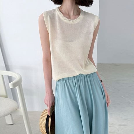 sheer crew neck knit vest /6color　NK1811