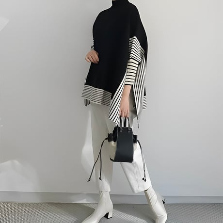 asymmetric border knit poncho　NK2163