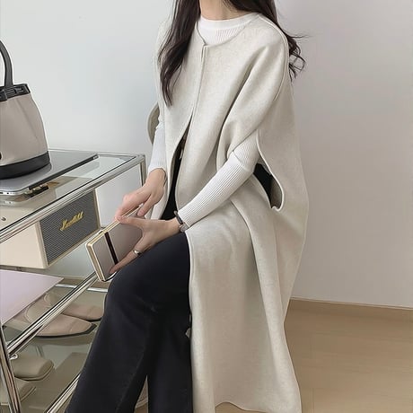 no collar cape slit long coat /3color　NK2124