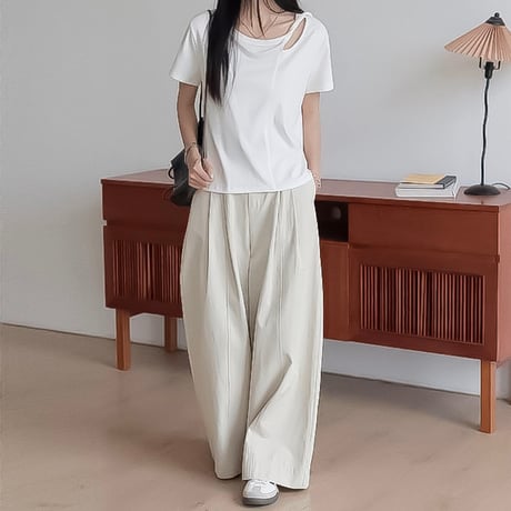 asymmetric neck short sleeve tee /4color　NK2314