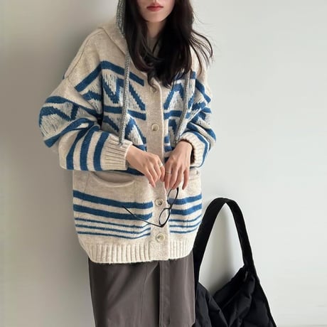 geometric hooded knit cardigan /3color　NK2087