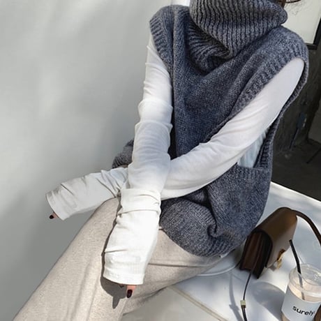Loose Fit Turtleneck Knit Vest /2color　NK1693