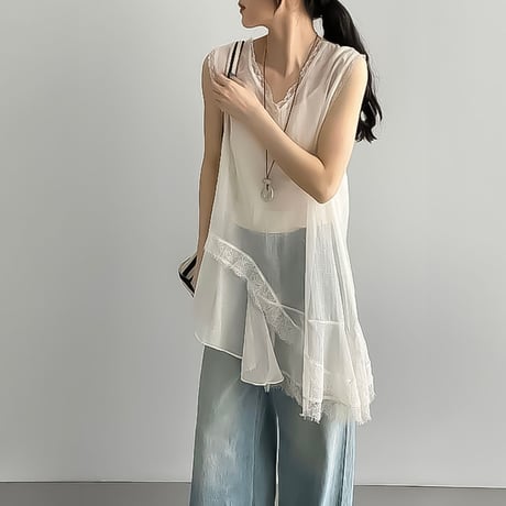asymmetric lace sheer tunic /2color　NK2241