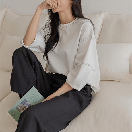 puff sleeve contrast stitch cutsew　NK2172