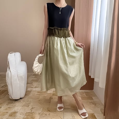 sleeveless colorblock gathering dress /2color　NK2326