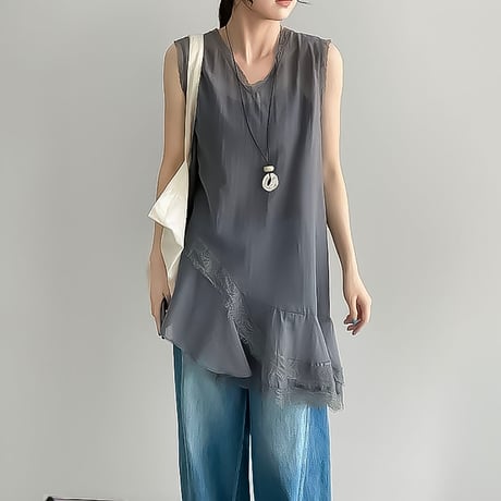 asymmetric lace sheer tunic /2color　NK2241