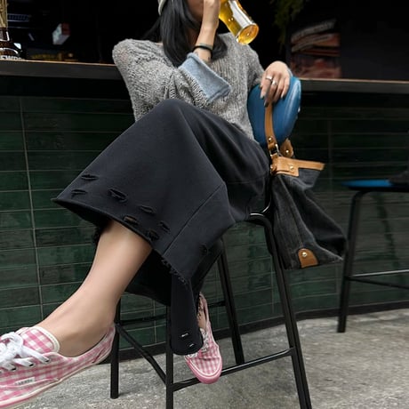 distressed wideleg sweatpants /2color　NK1752