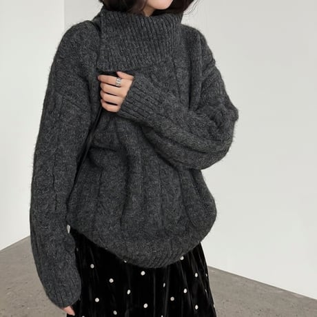 slit collar cable knit pullover /2color　NK2061