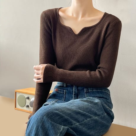 key neck long sleeve rib knit /5color　NK1525