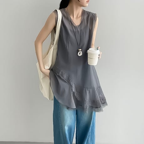 asymmetric lace sheer tunic /2color　NK2241