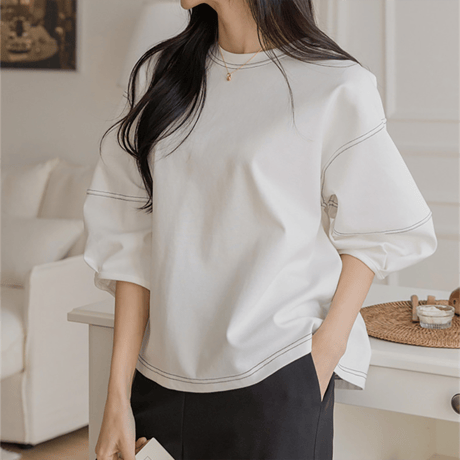 puff sleeve contrast stitch cutsew　NK2172