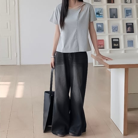 asymmetric neck short sleeve tee /4color　NK2314