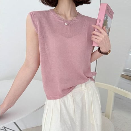 sheer crew neck knit vest /6color　NK1811