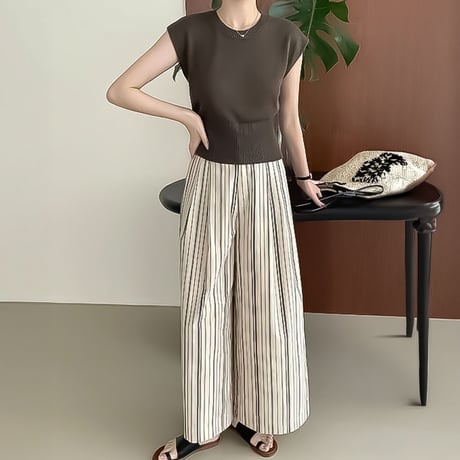 cotton stripe tuck wide pants /2color　NK2275