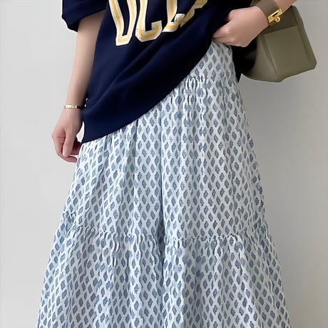 block print tiered long skirt /2color　NK2166