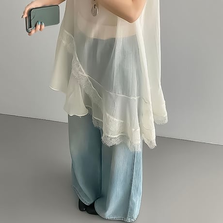 asymmetric lace sheer tunic /2color　NK2241