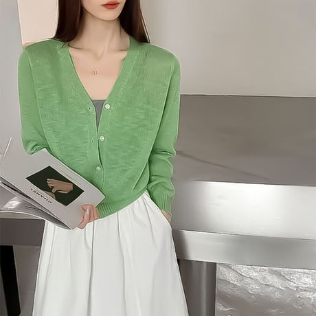 v neck sheer knit cardigan /3color　NK2286