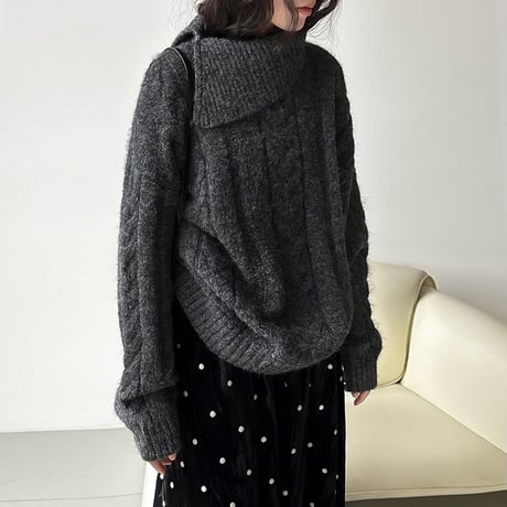 slit collar cable knit pullover /2color　NK2061