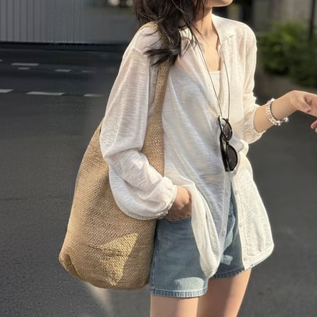 sheer collar long sleeve shirt /4color　NK1803