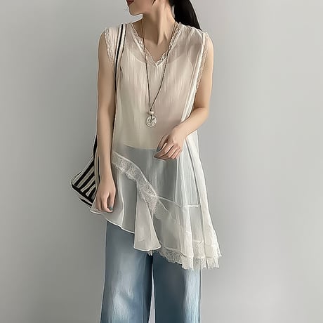 asymmetric lace sheer tunic /2color　NK2241