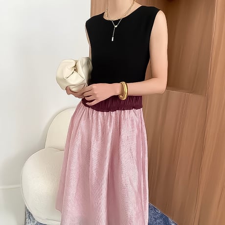 sleeveless colorblock gathering dress /2color　NK2326