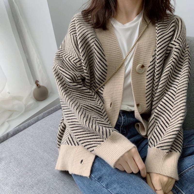 herringbone knit cardigan /2color NK1621 | HiLo