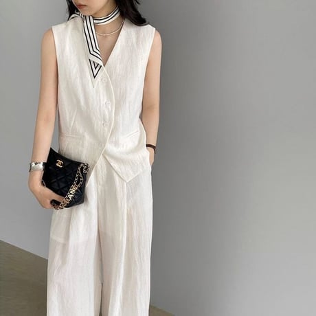 back ribbon gilet & pants set up /2color　NK1825