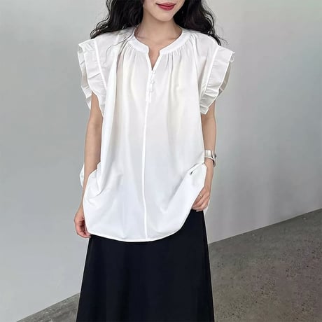gathered ruffle henley blouse /3coloe　NK2225